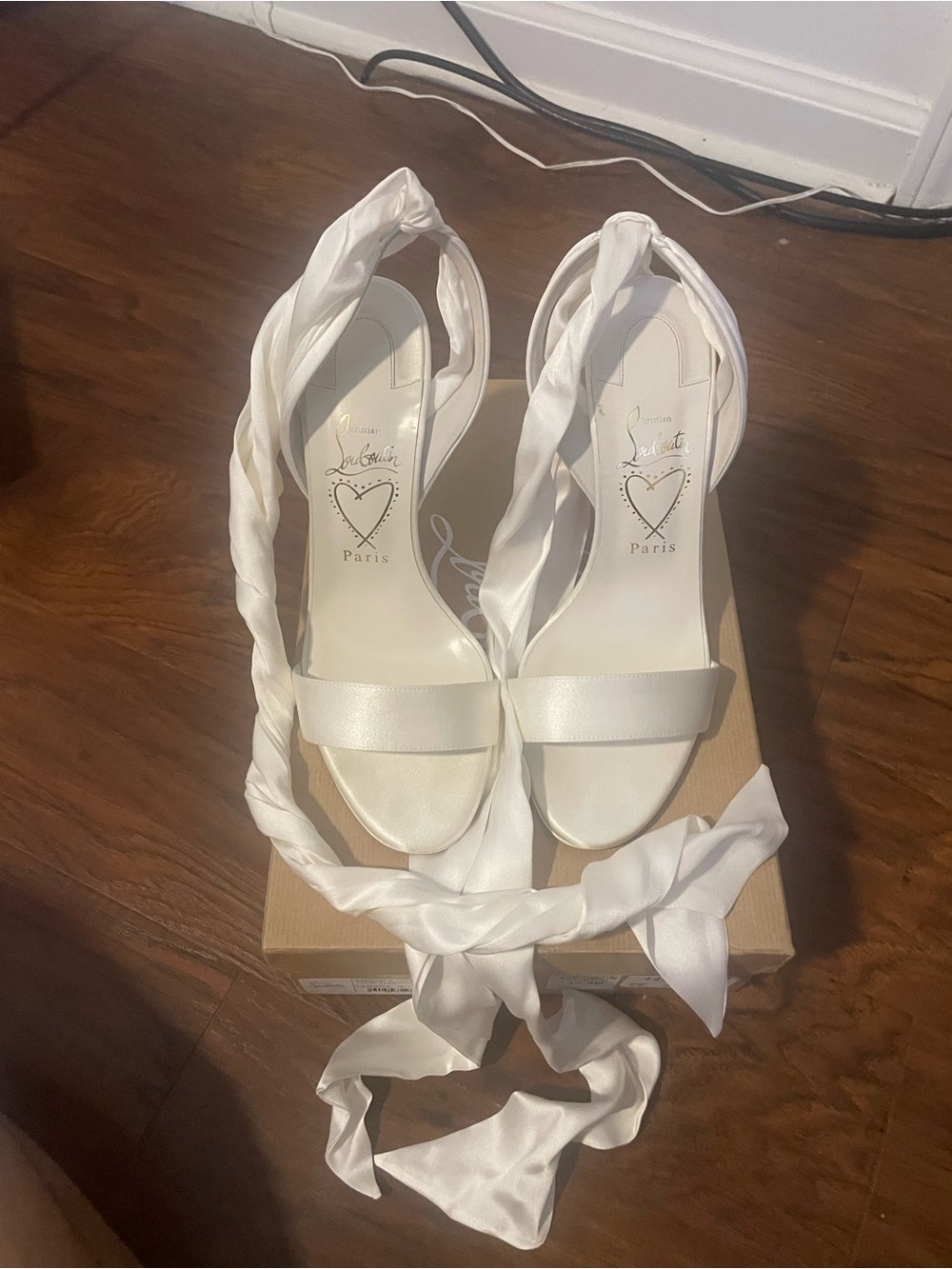 Christian Louboutin White Satin Lace-Up Stiletto Heels with Red Sole